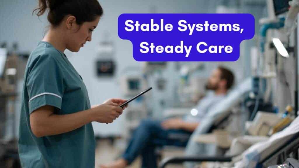 A nurse or technician checking a tablet or laptop near a row of dialysis chairs, with a patient in the background, monitors softly glowing