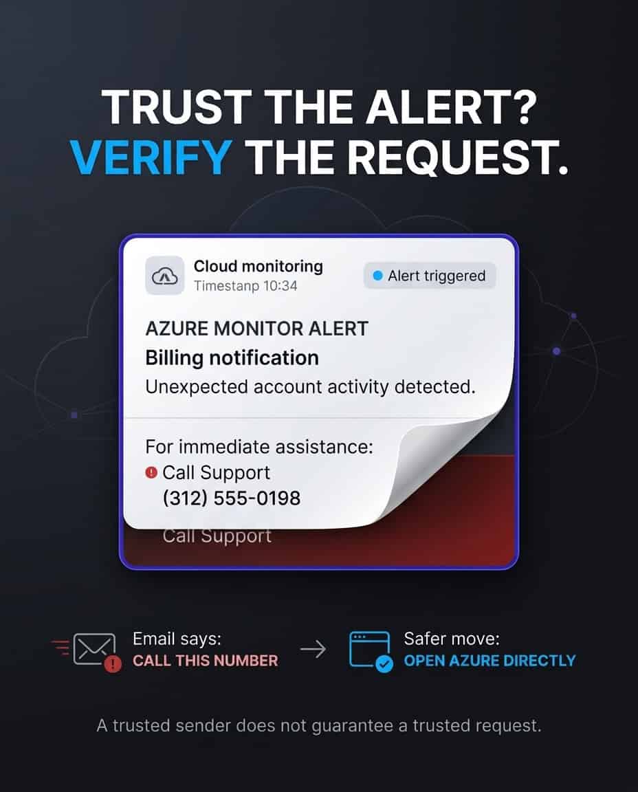 Dark cybersecurity graphic with the headline &ldquo;Trust the platform? Verify the request.&rdquo; A Microsoft Azure Monitor billing alert appears to come through a trusted cloud service, then reveals a red warning to call support at a fictional number. A comparison below says &ldquo;Email says: Call this number&rdquo; and &ldquo;Safer move: Open Azure directly,&rdquo; emphasizing independent verification.