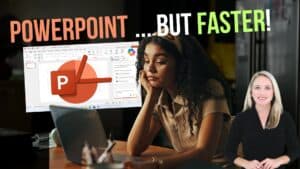 Background display a woman looking at device scren. Behind her is a white board displaying the PowerPoint logo. Image text: Power Point but faster. Background display a woman looking at device screen. Behind her is a white board displaying the PowerPoint logo. Image text: Power Point but faster. Female Spokesperson in the foreground.
