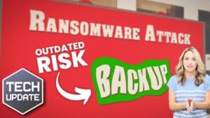 Red laptop screen that displays text: Ransomware attack. Other image text- Outdated risk - Backup. Female spokes person standing in foreground.