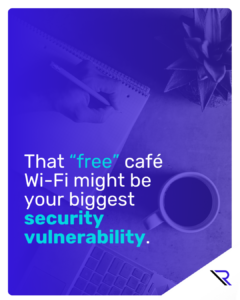 Desk with writing pad, coffee and a calculator. Hand is visible writing on paper. Image text: That free café Wi-Fi might be your biggest security vulnerability