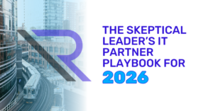Subway train in downtown Chicago. Image text: The Skeptical Leader&rsquo;s IT Partner Playbook for 2026.