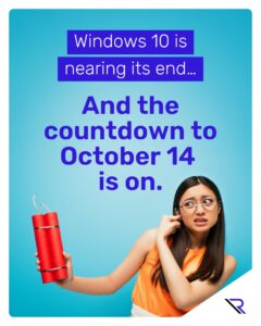 Woman holding dynamite in one hand and has placed a finger in her ear with the other hand. Image text: The Windows 10 Countdown: Why It&rsquo;s Time to Upgrade