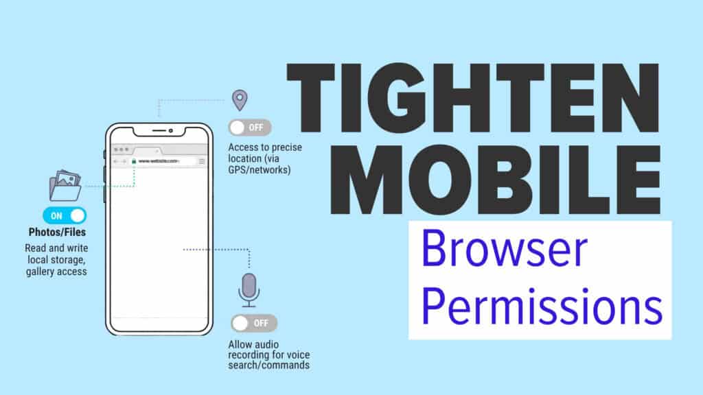 Illustration titled &ldquo;Tighten Mobile Browser Permissions&rdquo; showing a smartphone with a browser address bar and lock icon. Callouts show permission toggles: Photos/Files set to ON (read/write local storage), precise location set to OFF, and microphone/audio recording for voice search set to OFF.