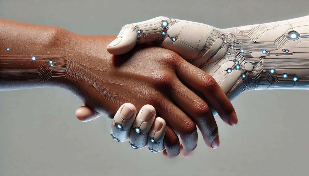 Two hands shaking. One human hand with slight technology enhancements and one technology enhanced hand