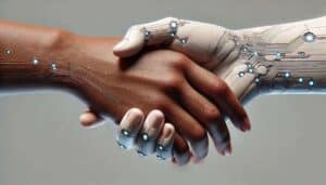 Two hands shaking. One human hand with slight technology enhancements and one technology enhanced hand
