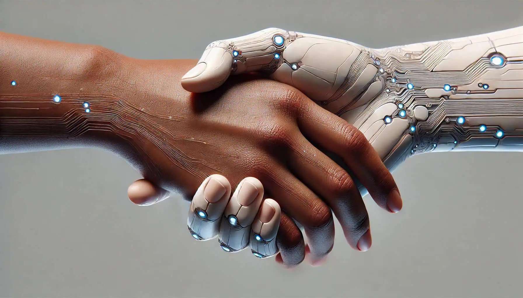 Two hands shaking. One human hand with slight technology enhancements and one technology enhanced hand