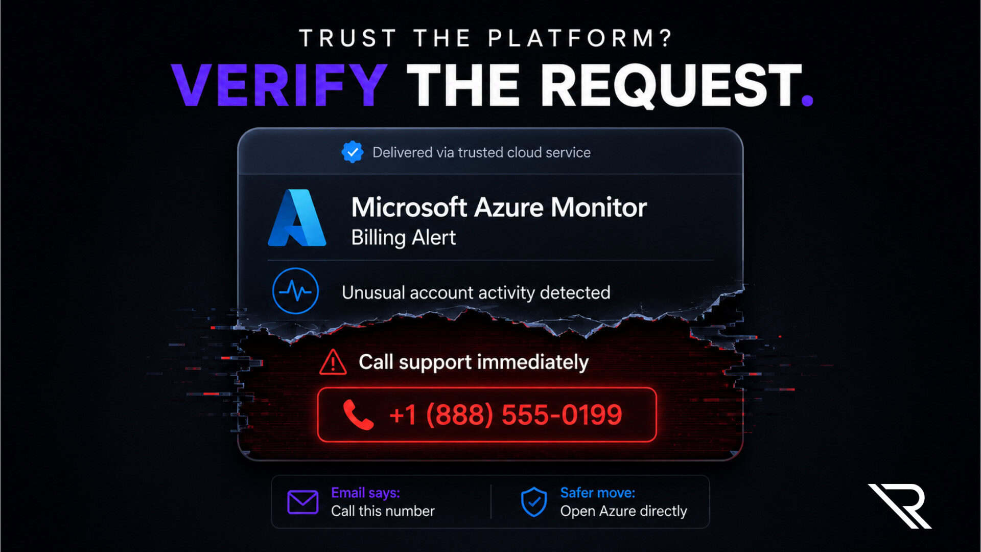 Dark cybersecurity graphic with the headline “Trust the platform? Verify the request.” A Microsoft Azure Monitor billing alert appears to come through a trusted cloud service, then reveals a red warning to call support at a fictional number. A comparison below says “Email says: Call this number” and “Safer move: Open Azure directly,” emphasizing independent verification.