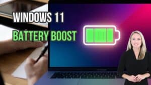 Laptop screen displaying full battery. Spokeswoman in foreground. Image text: Windows 11, Battery Boost