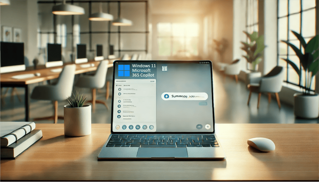 Windows 11 Microsoft 365 Copilot laptop on top of desk in modern office