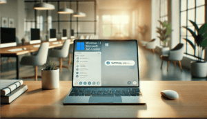 Windows 11 Microsoft 365 Copilot laptop on top of desk in modern office