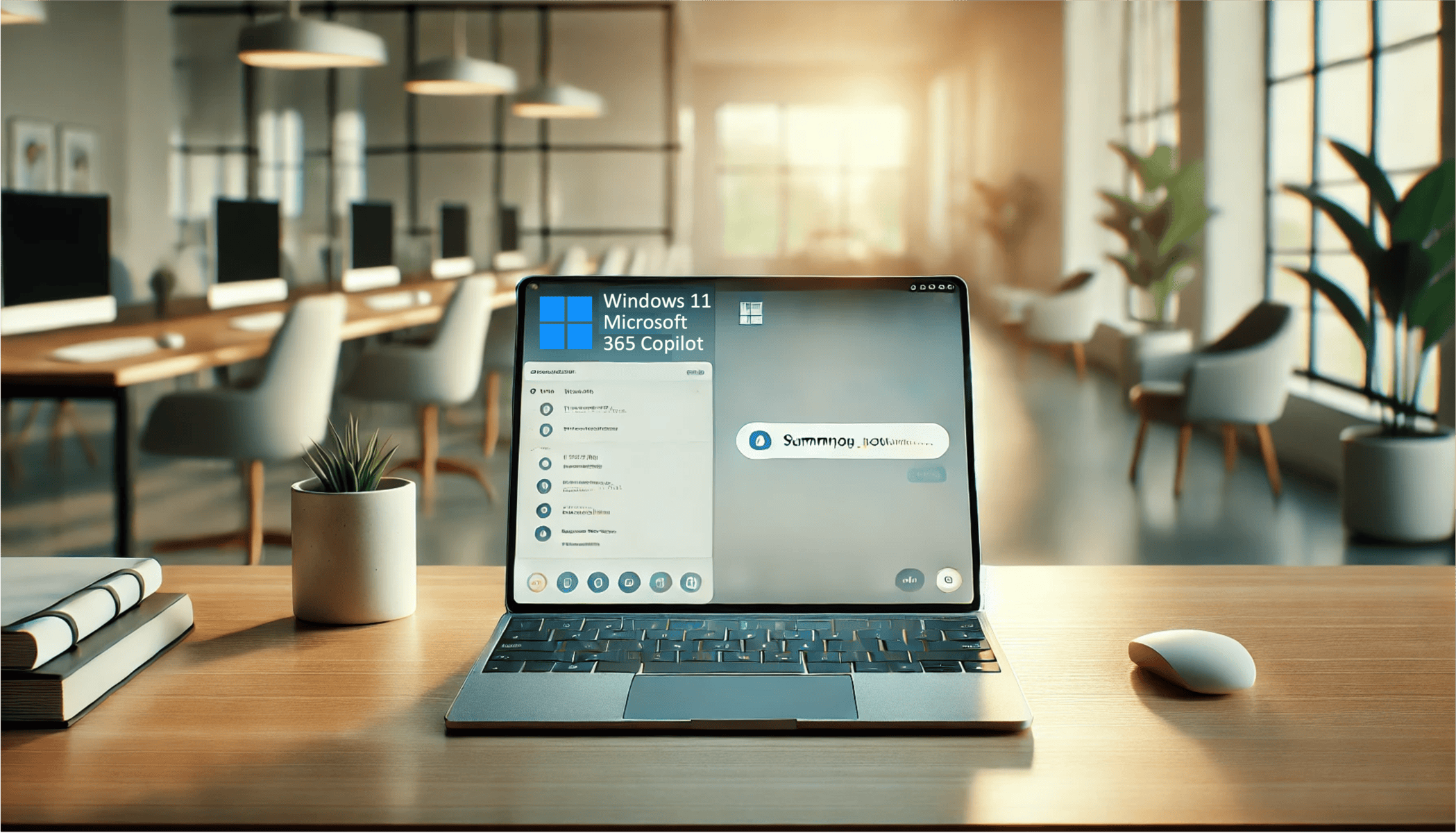 Windows 11 Microsoft 365 Copilot laptop on top of desk in modern office