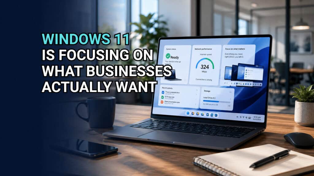 Laptop displaying network performance metrics on a modern office desk, highlighting Windows 11 focus for business solutions. Image text: Windows 11 Is Focusing on What Businesses Actually Want