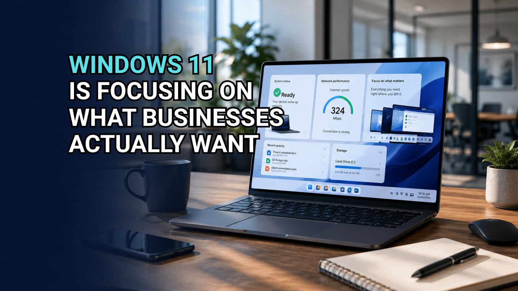 Laptop displaying network performance metrics on a modern office desk, highlighting Windows 11 focus for business solutions. Image text: Windows 11 Is Focusing on What Businesses Actually Want
