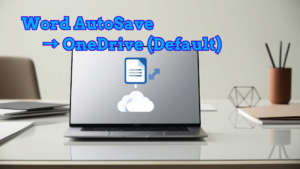 Modern Laptop Computer on a Clean Desk displaying Word document icon being &ldquo;saved&rdquo; into a cloud