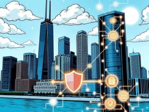 a comic book styled modern chicago skyline in the background with a digital icons