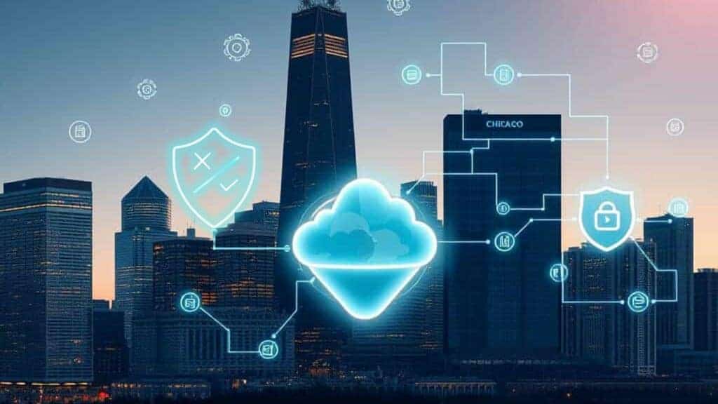 a digital art themed Chicago skyline in the background with a digital icons in the foreground