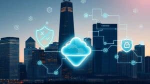 a digital art themed Chicago skyline in the background with a digital icons in the foreground