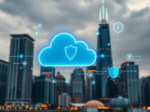 a photographic out of focus chicago skyline in the background with a digital symbols