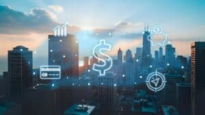 a photographic soft focus styled day time Chicago skyline in the background with a digital finance symbols