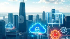 a photographic styled modern chicago skyline in the background with a digital it and healthcare icons in the foreground