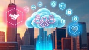 a photographic styled modern chicago skyline in the background with a digital it coperation and care icons_20250202