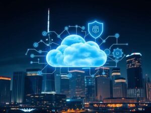 a photographic styled night time chicago skyline in the background with a digital symbols