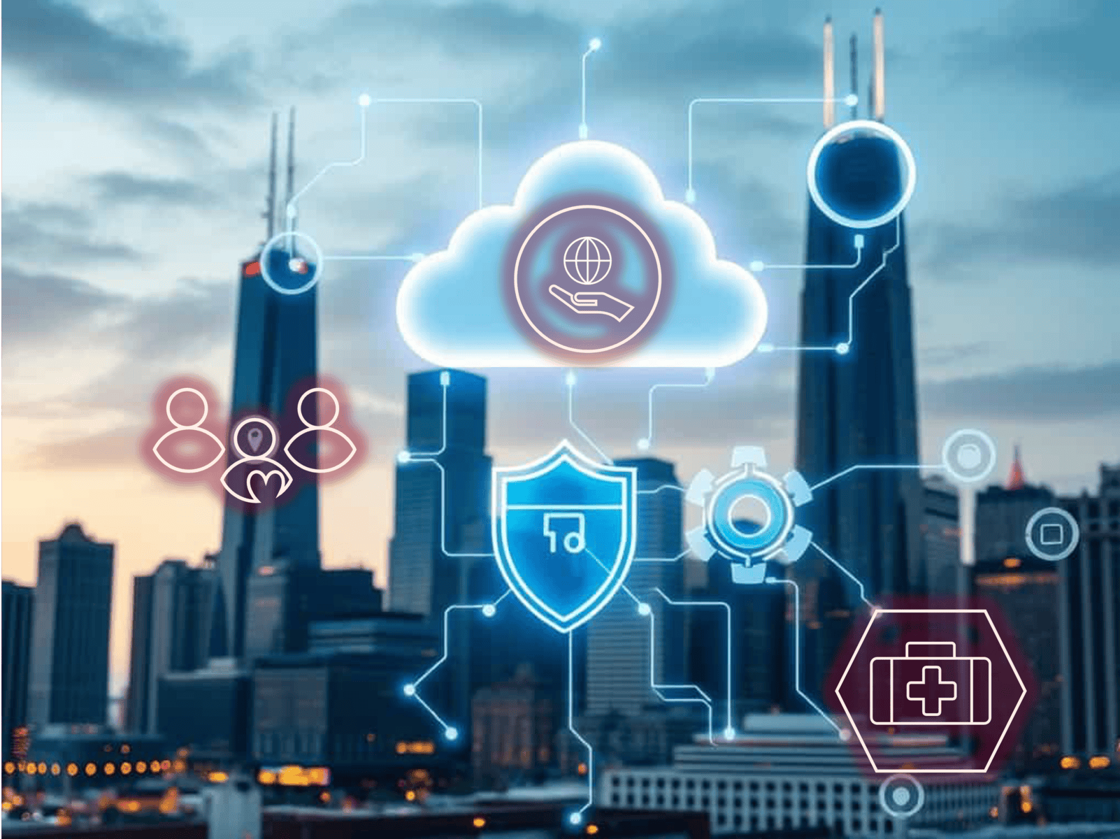 a photographic styled out of focus Chicago skyline in the background with a digital and care icons in the foreground