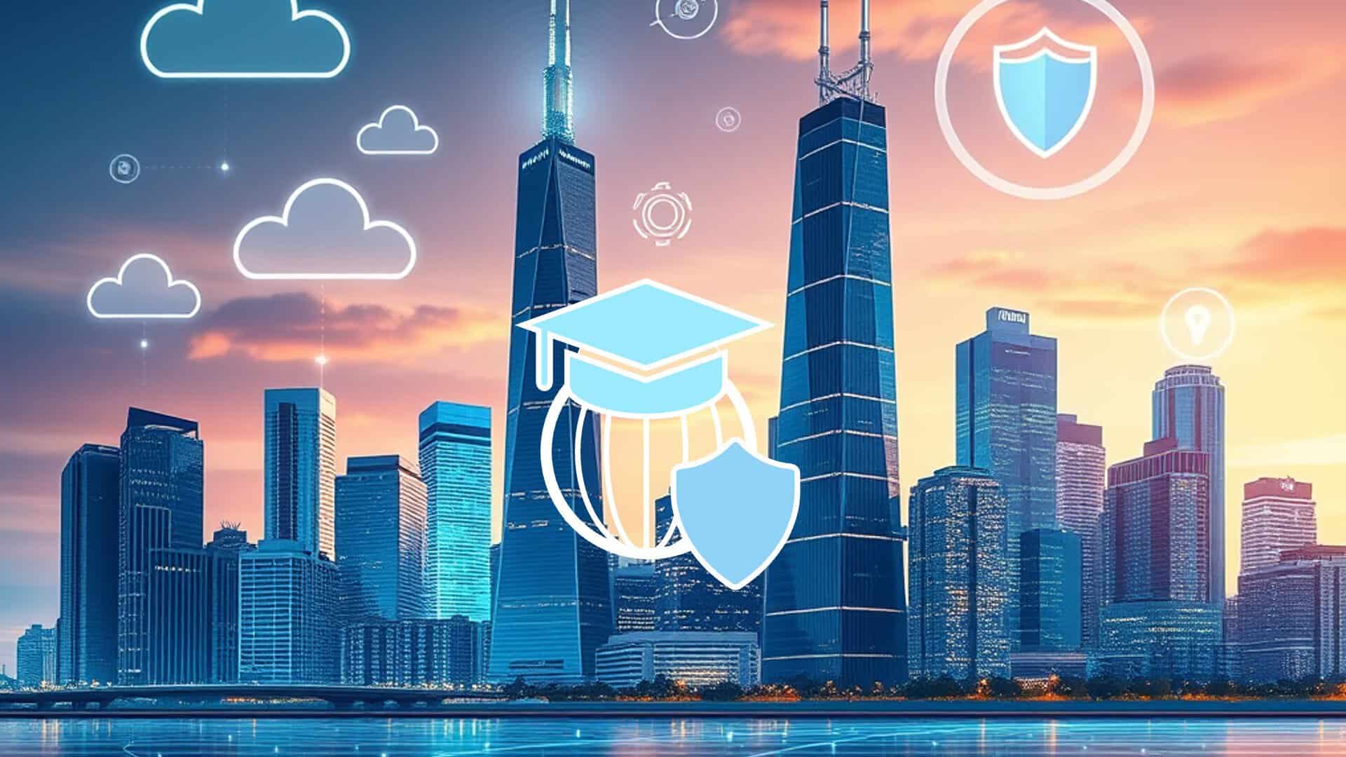 an anime styled cinematic styled modern chicago skyline in the background with a digital and education icons in the foreground
