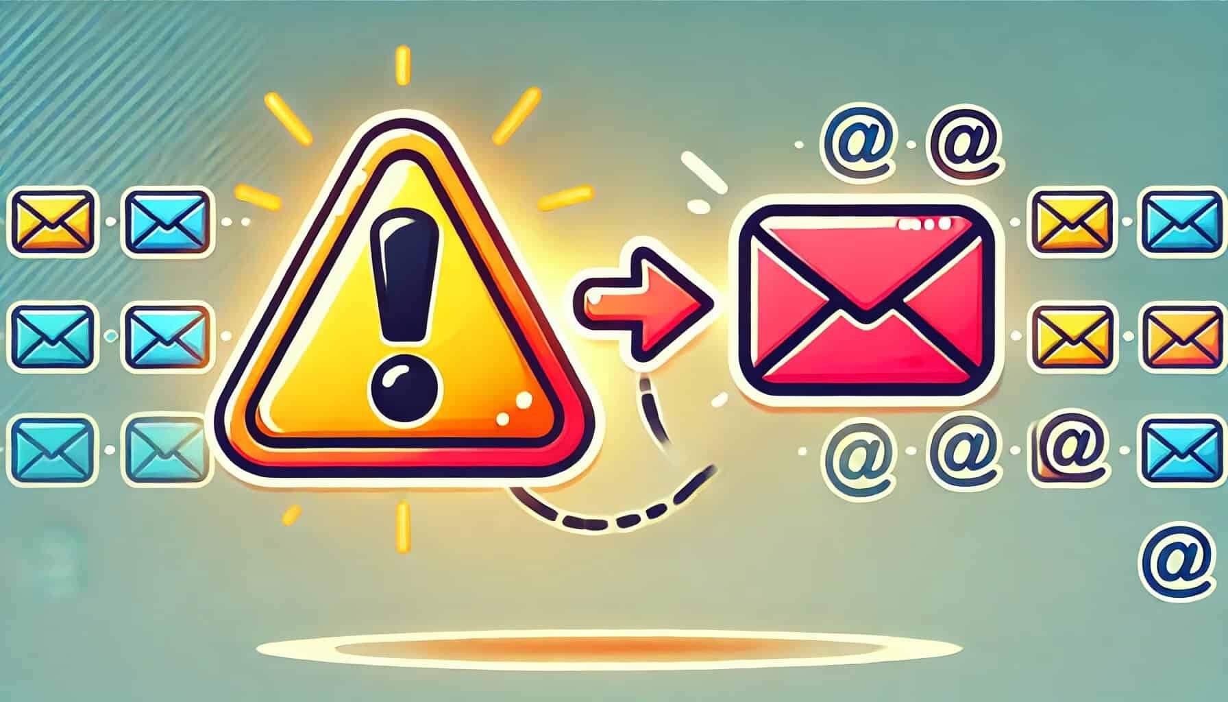 cartoon-style illustration with a caution icon connected to an email icon, drawn in a playful yet clear manner