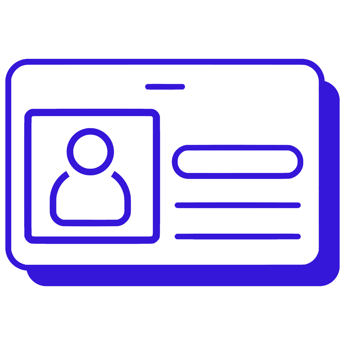 Blue outlined ID card icon on a black background, showing a person profile picture on the left and text lines on the right.