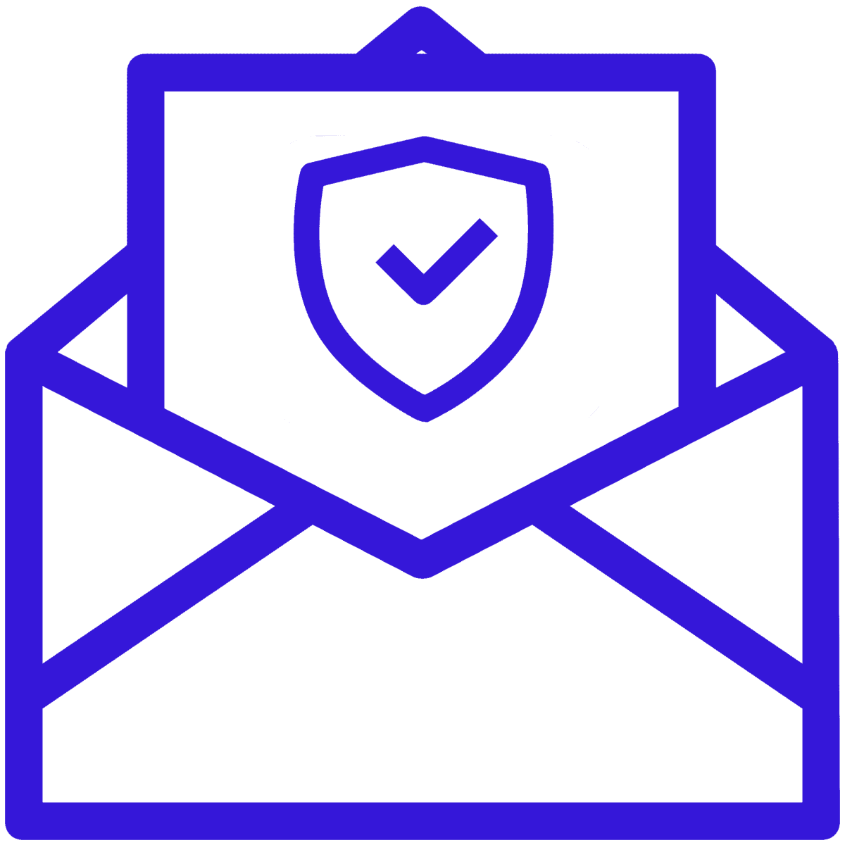 Blue outlined envelope icon with a shield and check mark in the center on a black background.