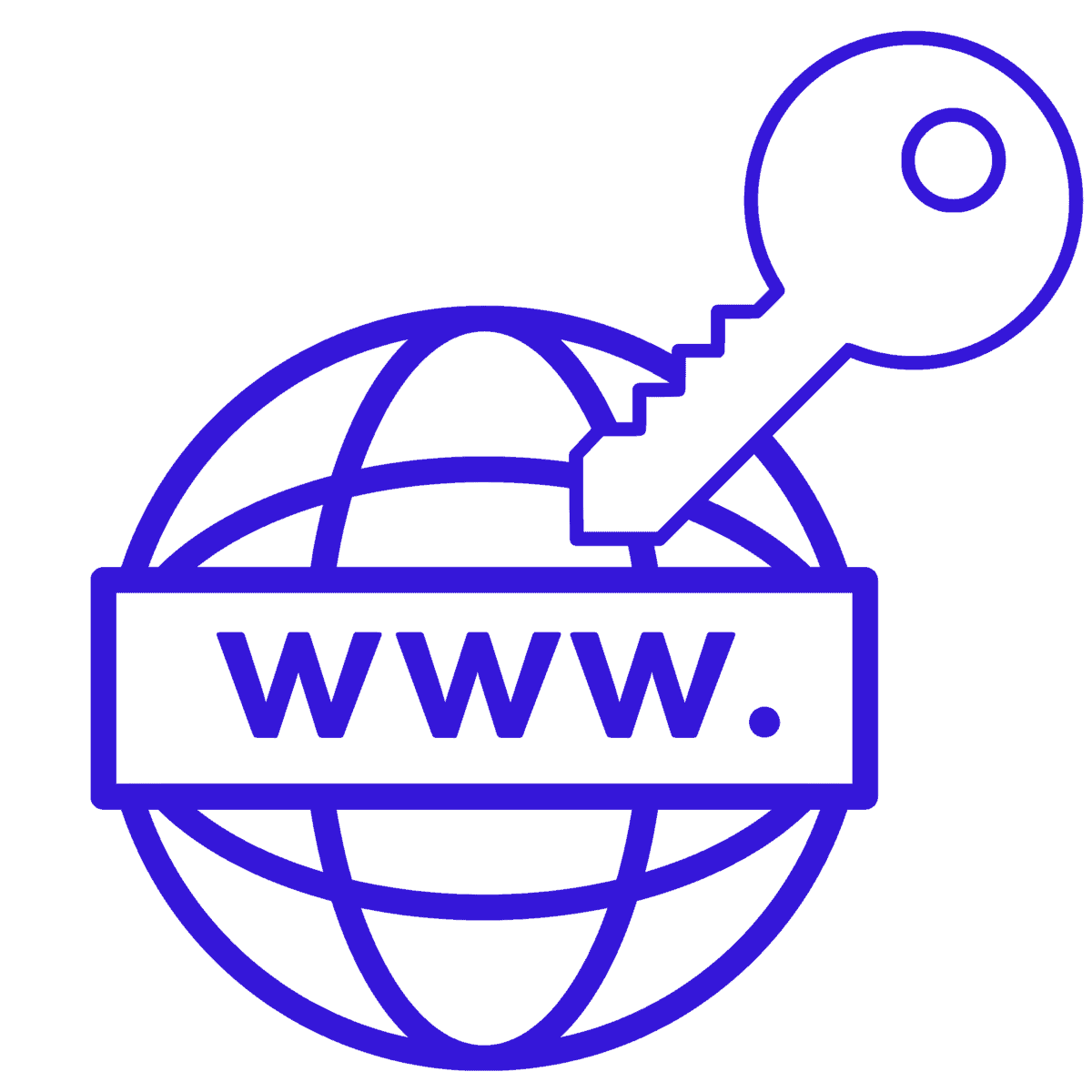 Blue globe with &lsquo;WWW.&rsquo; across it and a key above, on a black background.