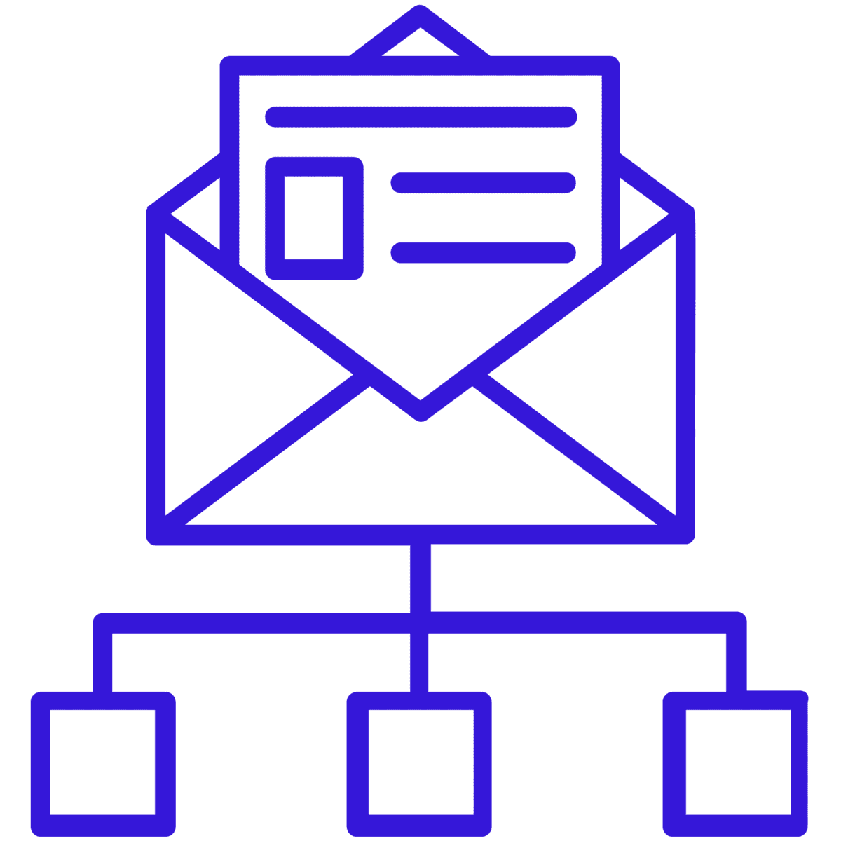 Blue outlined envelope with a letter emerging from it, connected to three network nodes below, on a black background.