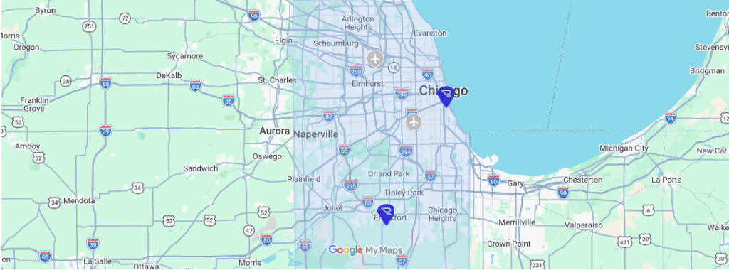 Broad regional map centered on Chicago with the shaded Reintivity service area. Two &ldquo;R&rdquo; pins identify office locations (Chicago and near Frankfort), while two airplane icons identify the major Chicagoland airports (O&rsquo;Hare and Midway).