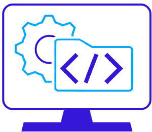 Stylized IT support icon showing a desktop monitor with a gear and a code window containing angle brackets and a slash.